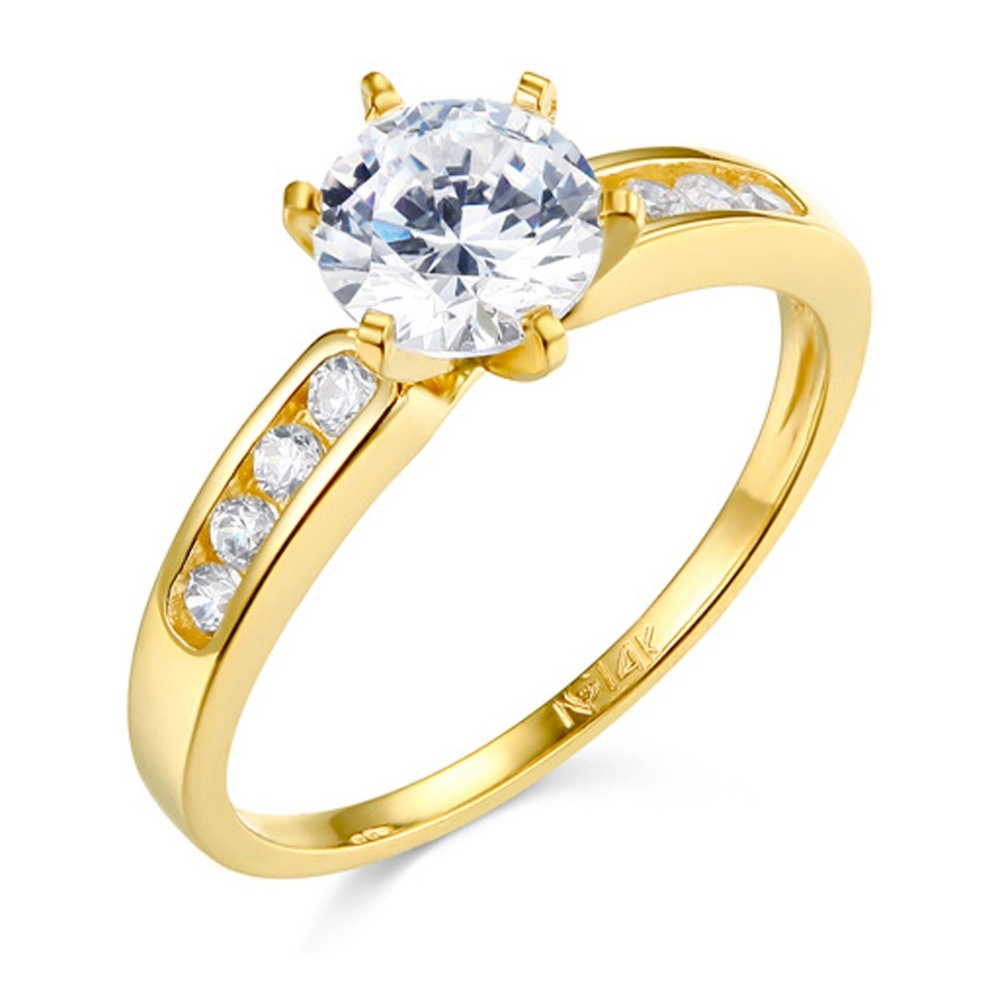14k 1-CT Round-Cut 6-Prong & Channel-Set CZ Ring